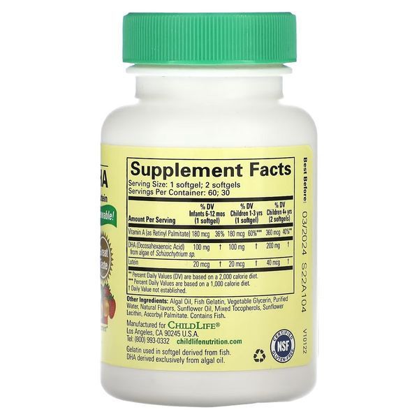 Дитячий DHA, з водоростей з вітаміном А та лютеїном, смак ягід, Algae DHA with Vitamin A & Lutein, ChildLife, 60 гелевих капсул CDL16550 фото