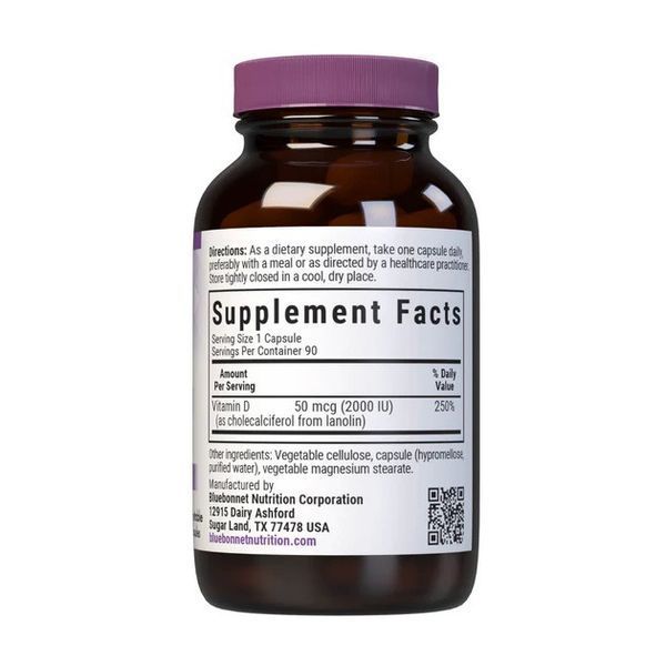 Витамин D3 2000 МЕ, Vitamin D3, Bluebonnet Nutrition, 90 вегетарианских капсул BLB0314 фото