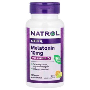 Мелатонин, Melatonin, Natrol, быстрорастворимый, максимальная сила, цитрусовый, 10 мг, 60 таблеток для рассасывания NTL-07668 фото