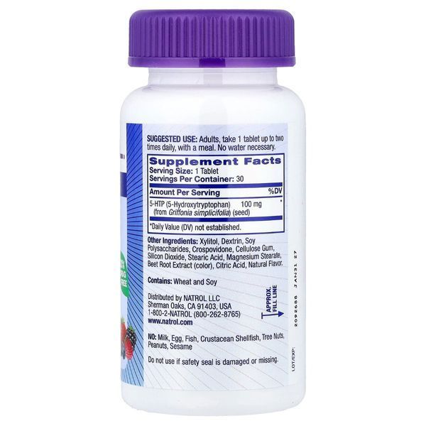 5-HTP (Гидрокситриптофан) быстрорастворимый, 100 мг, вкус диких ягод, 5-HTP, Natrol, 30 таблеток NTL06044 фото