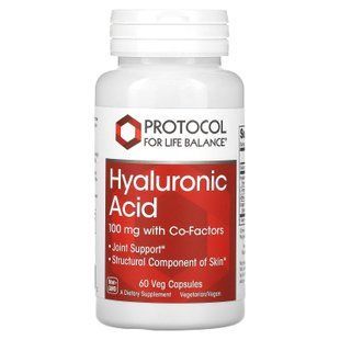 Гиалуроновая кислота, Hyaluronic Acid, Protocol for Life Balance, комплекс, 100 мг, 60 веганских капсул PRT-13155 фото