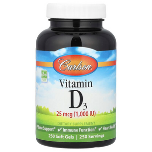 Вітамін D3, Vitamin D3, Carlson, 1000 МО (25 мкг), 250 гелевих капсул CAR-01452 фото