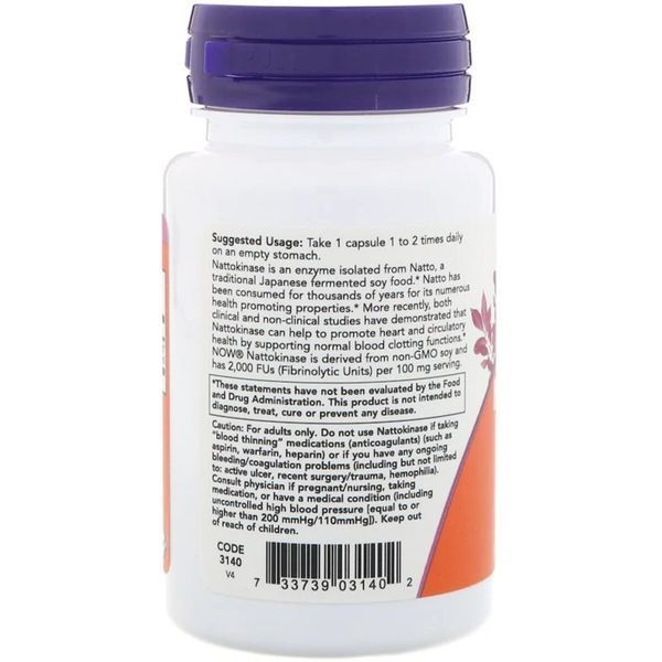 Наттокіназа, 100 мг, Nattokinase, Now Foods, 60 вегетаріанських капсул NF3140 фото