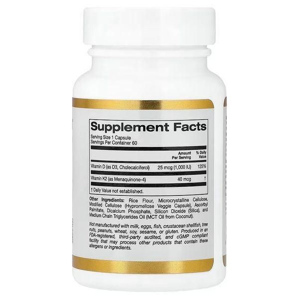Вітамін D3 та K2, Vitamin D3+K2, California Gold Nutrition, 60 вегетаріанських капсул LKN02512 фото