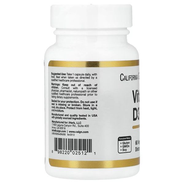 Вітамін D3 та K2, Vitamin D3+K2, California Gold Nutrition, 60 вегетаріанських капсул LKN02512 фото