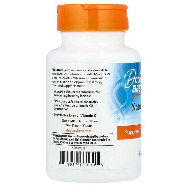 Вітамін K2, MK-7 з MenaQ7, 45 мкг, Vitamin K2 MK-7 з MenaQ7, Doctor's Best, 60 вегетаріанських капсул DRB00198 фото