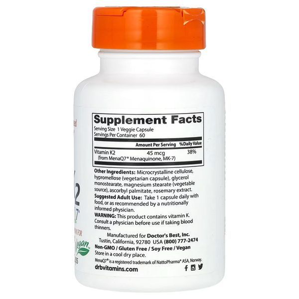 Вітамін K2, MK-7 з MenaQ7, 45 мкг, Vitamin K2 MK-7 з MenaQ7, Doctor's Best, 60 вегетаріанських капсул DRB00198 фото