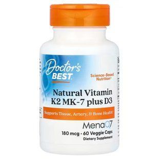 Витамин K2 (MK-7) плюс D3, Natural Vitamin K2 Plus D3 with MK-7, Doctor's Best, 180 мкг, 60 вегетарианских капсул DRB-00404 фото