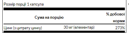 Zinc Citrate 30 mg (цинк) - 60caps 100-74-2160613-20 фото