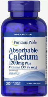 Кальцій та вітамін D3, Absorbable Calcium with Vitamin D3, Puritan's Pride, 1200 мг/1000 МО, 200 гелевих капсул PTP-16274 фото