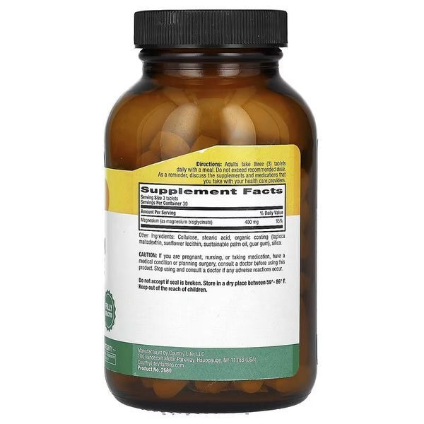 Магний Хелатный глицинат, 400 мг, Chelated Magnesium Glycinate, Country Life, 90 таблеток (133 мг в таблетке) CLF2680 фото