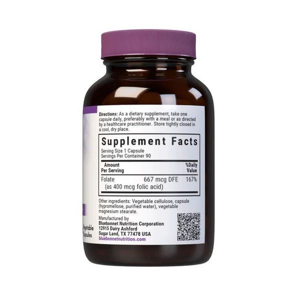 Фолієва кислота 400 мг, Folic Acid, Bluebonnet Nutrition, 90 вегетаріанських капсул BLB0449 фото