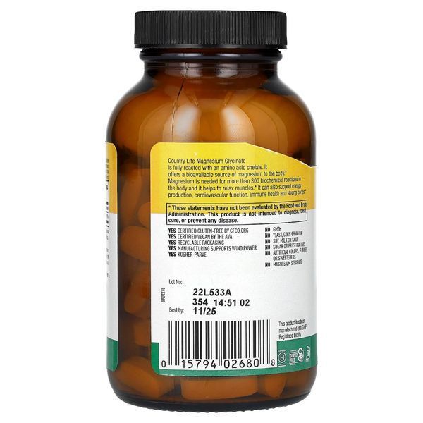 Магний Хелатный глицинат, 400 мг, Chelated Magnesium Glycinate, Country Life, 90 таблеток (133 мг в таблетке) CLF2680 фото