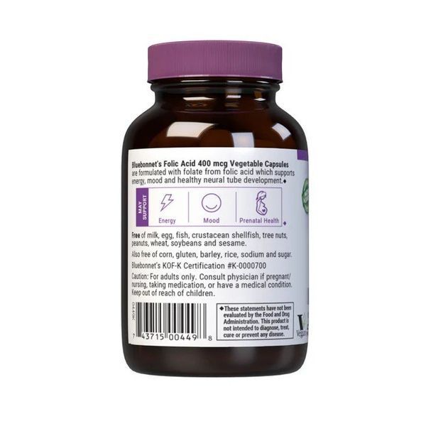 Фолієва кислота 400 мг, Folic Acid, Bluebonnet Nutrition, 90 вегетаріанських капсул BLB0449 фото