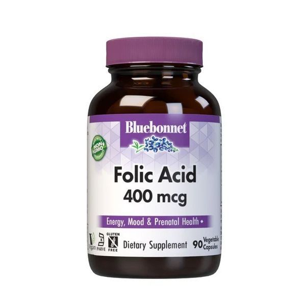 Фолієва кислота 400 мг, Folic Acid, Bluebonnet Nutrition, 90 вегетаріанських капсул BLB0449 фото