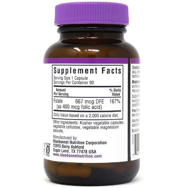 Фолієва кислота 400 мг, Folic Acid, Bluebonnet Nutrition, 90 вегетаріанських капсул BLB0449 фото