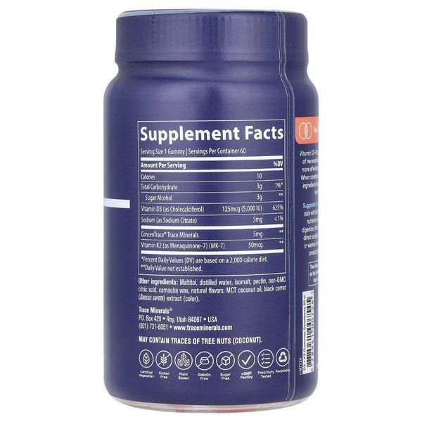 Вітамін D3 і K2, смак полуниці, Vitamin D3 + K2 Gummies, Trace, 60 жувальних цукерок TMR00754 фото