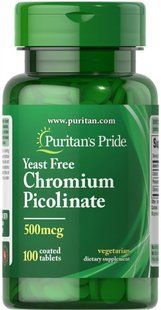 Піколінат хрому, Chromium Picolinate, Puritan's Pride, без дріжджів, 500 мкг, 100 таблеток PTP-12570 фото