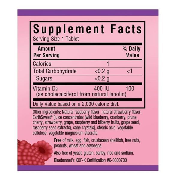 Витамин D3 400IU, Вкус Малины, Earth Sweet Chewables, Bluebonnet Nutrition, 2 жевательные таблетки BLB0360SP фото