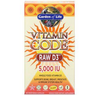 Сирий Вітамін D3, RAW D3, Vitamin Code, Garden of Life, 5000 МО (125 мкг), 60 вегетаріанських капсул GOL11586 фото