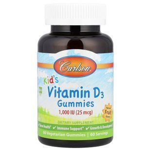 Вітамін D3 для дітей, Vitamin D3 Gummies, Carlson, натуральні фрукти, 25 мкг (1000 МО), 60 вегетаріанських жувальних цукерок CAR-49430 фото