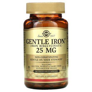 Залізо, Gentle Iron, Solgar, 25 мг, 180 вегетаріанських капсул SOL-01250 фото