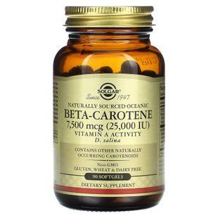 Бета каротин океанічний, Beta-Carotene, Solgar, 7500 мкг (25,000 МО), 90 гелевих капсул SOL-02031 фото