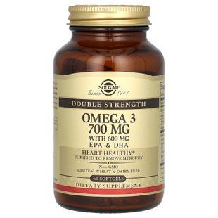Омега-3, риб'ячий жир, Omega-3, EPA & DHA, Solgar, подвійна сила, 700 мг, 60 гелевих капсул SOL-02051 фото
