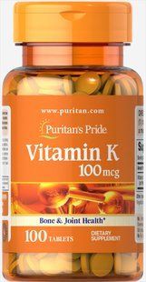 Витамин К, Vitamin K, Puritan's Pride, 100 мкг, 100 таблеток PTP-13070 фото