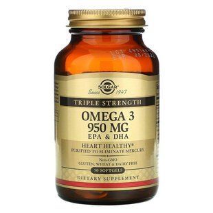 Омега-3, риб'ячий жир, Omega-3, EPA & DHA, Solgar, потрійна сила, 950 мг, 50 гелевих капсул SOL-02057 фото