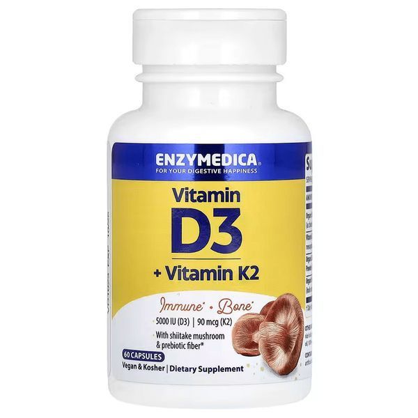 Вітамін D3 + Вітамін K2, Vitamin D3 + Vitamin K2, Enzymedica, 60 капсул ENZ10129 фото