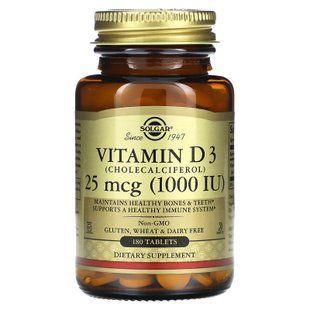 Вітамін D3 (холекальциферол), Vitamin D3, Solgar, 25 мкг (1000 МО), 180 таблеток SOL-03311 фото