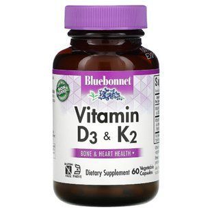 Вітаміни D3 і K2, Vitamins D3 & K2, Bluebonnet Nutrition, 60 вегетаріанських капсул BLB0654 фото
