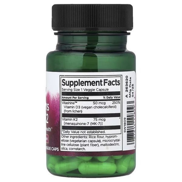 Вітаміни D3 та K2, Vitamins D3 & K2, Swanson, 60 веганських капсул SWV11809 фото