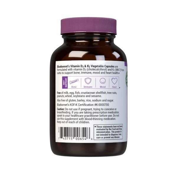 Вітаміни D3 і K2, Vitamins D3 & K2, Bluebonnet Nutrition, 60 вегетаріанських капсул BLB0654 фото