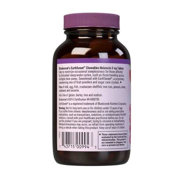Мелатонін, Melatonin, 3 мг, Bluebonnet Nutrition, EarthSweet, Малиновий Смак, 120 жувальних таблеток BLB0994 фото