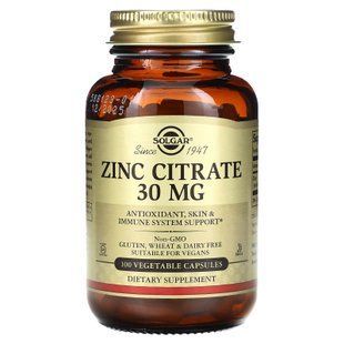Цитрат цинка, Zinc Citrate, Solgar, 30 мг, 100 капсул SOL-03670 фото