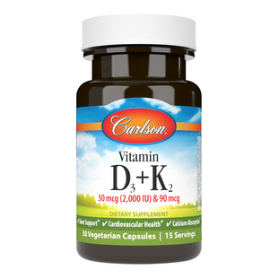 Вітамін D3+K2, 2000 МО та 90 мкг, Vitamin D3+K2, Carlson, 30 вегетаріанських капсул CL10600 фото
