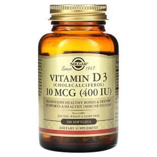 Вітамін D3, Vitamin D3, Solgar, 10 мкг (400 МО), 100 гелевих капсул SOL-03320 фото