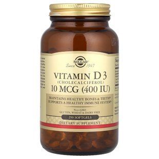 Вітамін D3, Vitamin D3, Solgar, 10 мкг (400 МЕ), 250 гелевих капсул SOL-03321 фото