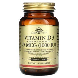 Вітамін D3 (холекальциферол), Vitamin D3, Solgar, 25 мкг (1000 МО), 100 гелевих капсул SOL-03340 фото