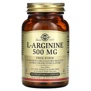 Аргінін, L-Arginine, Solgar, вільна форма, 500 мг, 100 вегетаріанських капсул SOL-00141 фото