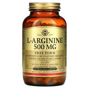 Аргінін, L-Arginine, Solgar, вільна форма, 500 мг, 250 вегетаріанських капсул SOL-00142 фото