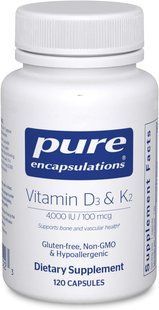 Вітаміни D3 та K2, Vitamin D3 & K2, Pure Encapsulations, підтримка здоров'я кісток та судин, 120 капсул PES-02522 фото