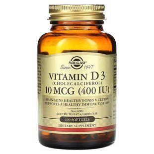 Вітамін D3, 10 мкг (400 МО), Vitamin D3 (Cholecalciferol), Solgar, 100 гелевих капсул SOL03320 фото