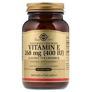 Вітамін Е (d-альфа-токоферол), Vitamin E, Solgar, натуральний, 268 мг (400 МО), 100 гелевих капсул SOL-03521 фото