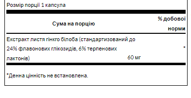 Ginkgo Biloba Extract 60mg для пам'яті та концентрації - 30caps 100-93-9105295-20 фото