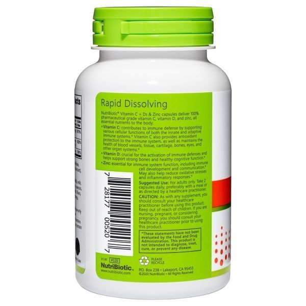 Вітамін C, D3 та цинк, Immunity, Vitamin C, D3 & Zinc, NutriBiotic, 100 капсул NBC00520 фото