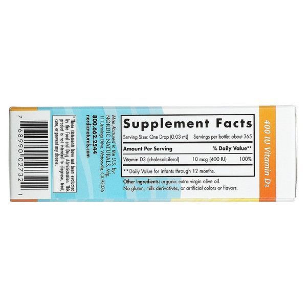 Вітамін D3 для дітей, Baby's Vitamin D3, Nordic Naturals 400 МЕ, 0,37 fl oz (11 мл) NOR02732 фото