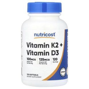 Витамин K2 и витамин D3, Vitamin K2 + Vitamin D3, Nutricost, 120 гелевых капсул NCS00866 фото